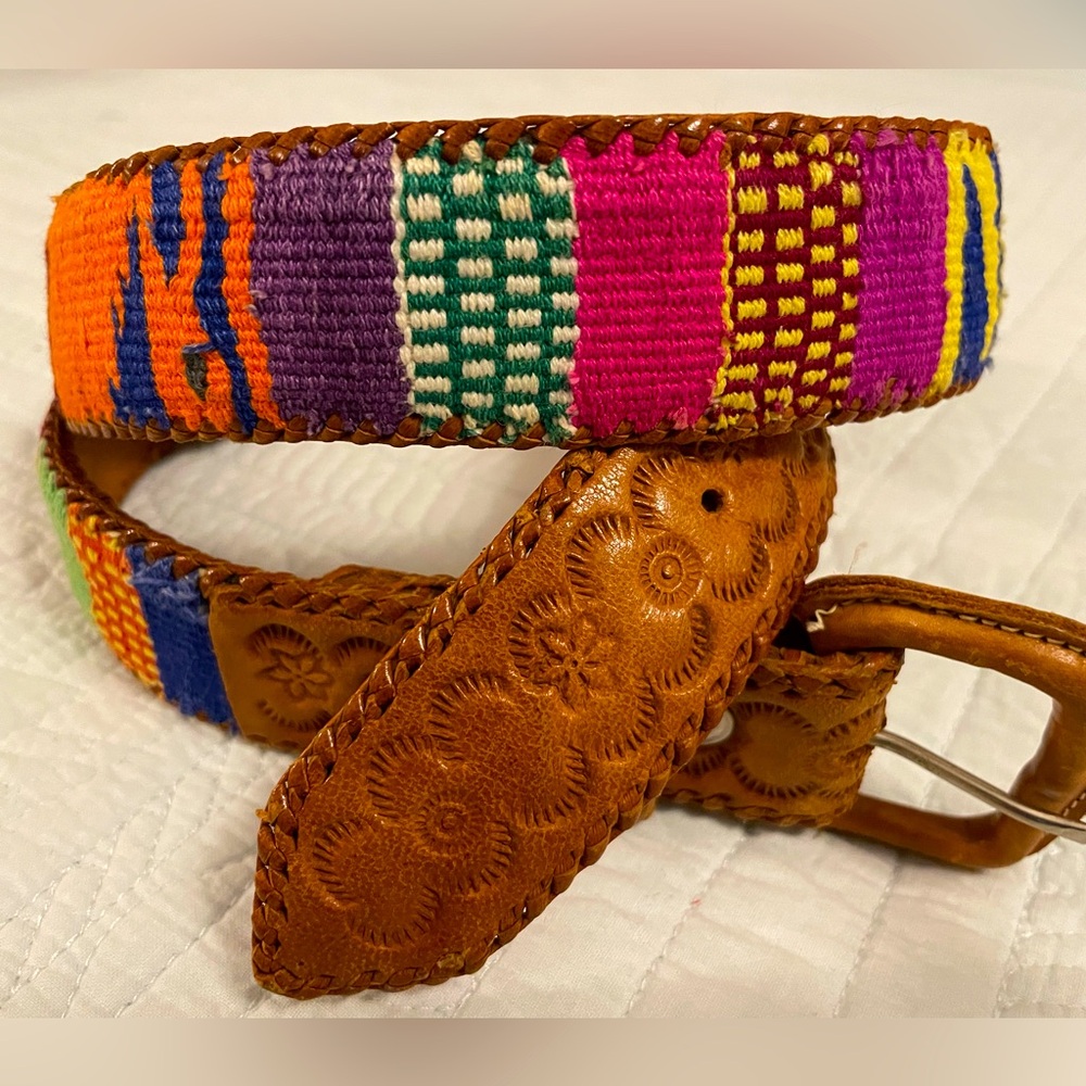 Hand crafted vintage leather, hand-tooled decorated and colorful woven designs